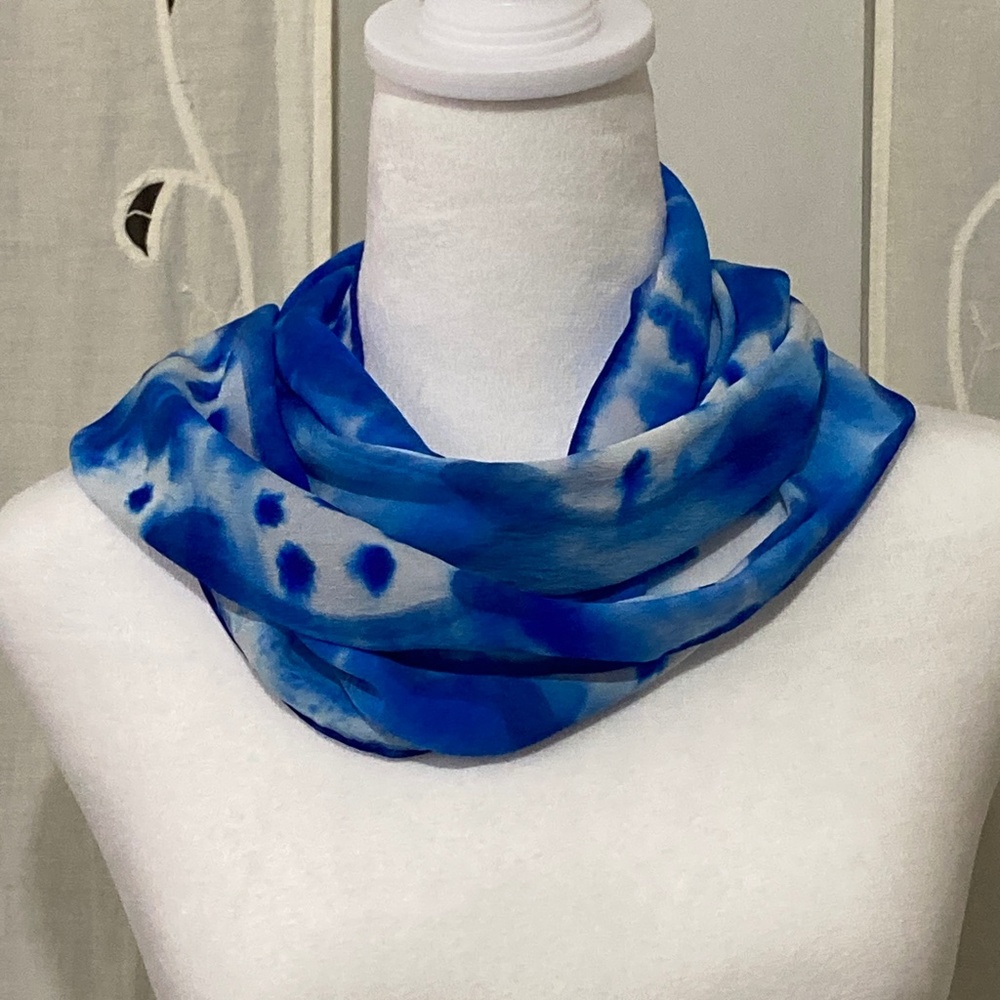 Hand Colored in California, 100% Silk Scarf, Vibrant Blues and White